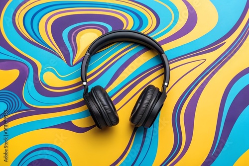 Black Headphones on Vibrant Abstract Swirls Background