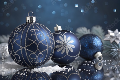 Blue Christmas Ornaments with Silver Glitter Designs