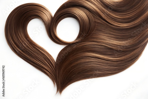 Brown hair strands forming a heart shape on white background