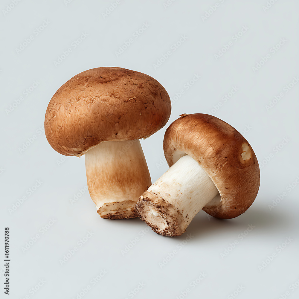 Fototapeta premium Two Brown Mushrooms on a Light Grey Background