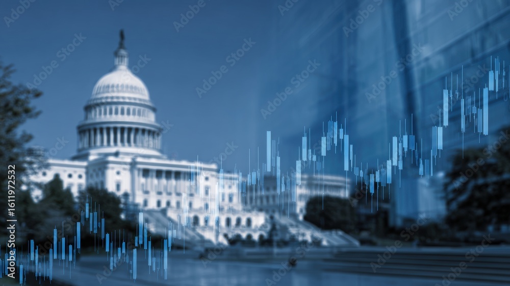 Obraz premium United States Capitol Building with superimposed Stock Market Charts