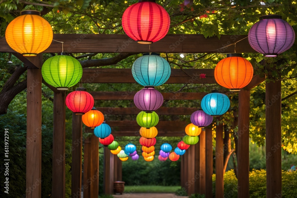 Fototapeta premium Colorful paper lanterns hanging from wooden pergola in garden