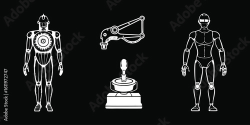 Vector art of white line drawing of two humanoid robots and mechanical components on a black background.