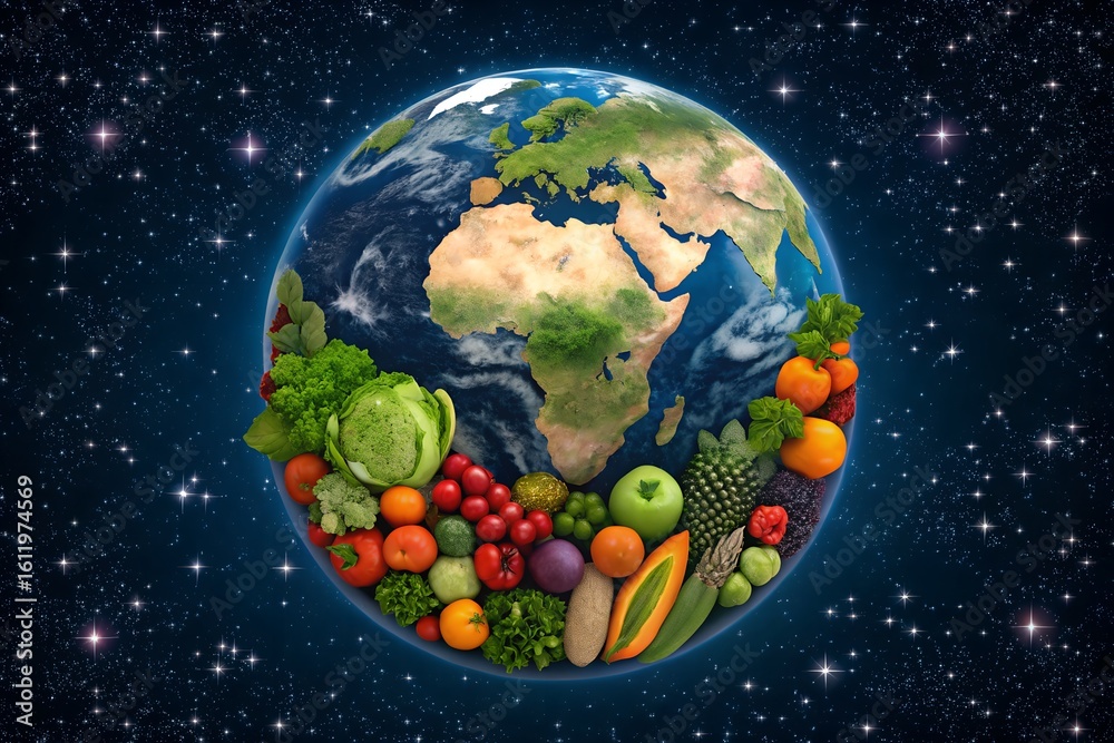 Fototapeta premium Earth surrounded by fresh fruits and vegetables in starry space