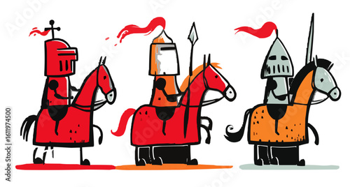 Fairy tale, knights on horses, isolates, vector graphics, colored icons for children, white background, Red World style. Editable line icons. Vector illustration.