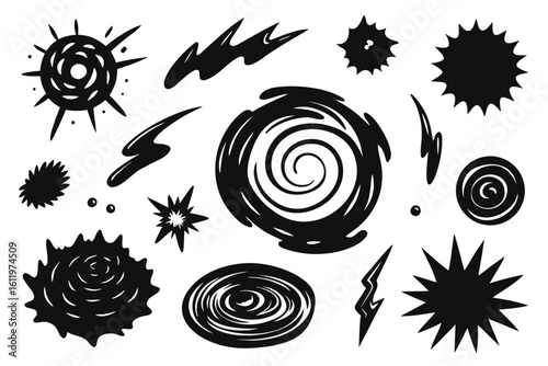 Dynamic abstract shapes and bursts create energetic visual elements perfect for modern design projects, conveying action, impact, and creativity with bold black silhouettes on a clean backdrop.