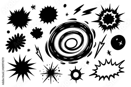Dynamic explosion shapes and comic style bursts create energetic visual impact, perfect for design projects needing a powerful abstract element.