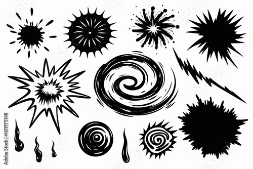 Dynamic black ink splashes and bursts create energetic comic book style effects perfect for adding visual impact to designs, conveying action, and highlighting key elements with bold, graphic flair.