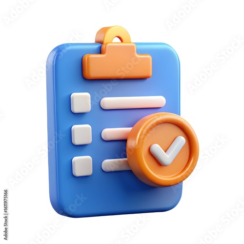 3d blue clipboard with orange check mark isolated on white background
