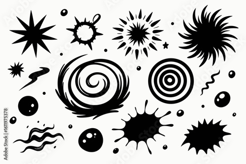 Dynamic burst shapes and abstract graphic elements offering vibrant energy and creative flair for modern design projects, conveying motion and impact.