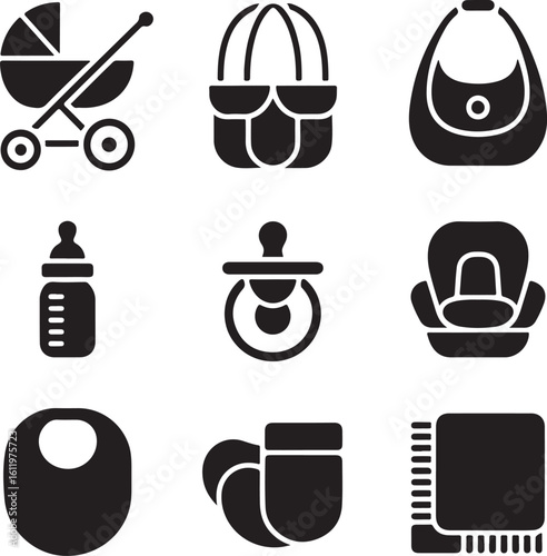 Baby Travel Essentials Silhouette Icons Set – Stroller, Diaper Bag, Baby Carrier, and Feeding Accessories