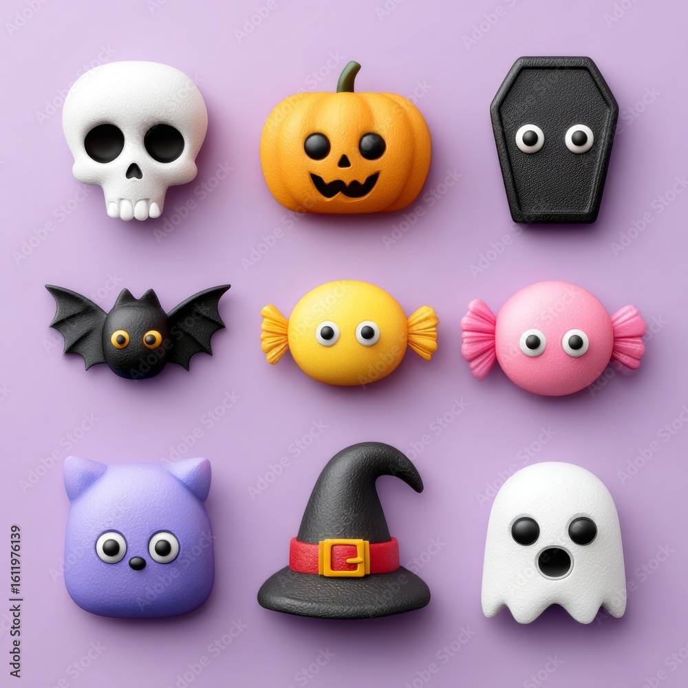 Fototapeta premium Cute Halloween-themed candy and decorations in vibrant colors on a pink background