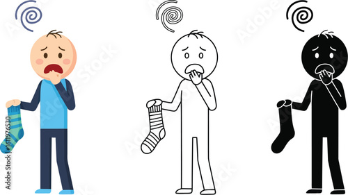 Smelly feet problem illustration: cartoon man holding stinky sock with bad odor smell