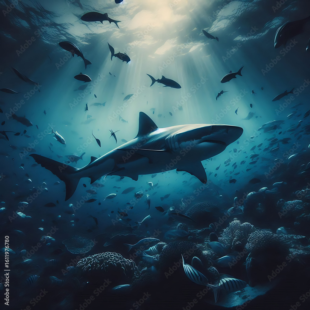 Fototapeta premium Shark Gliding Through the Water with a Dramatic Effect