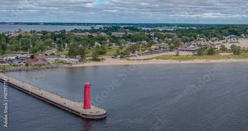  Aerial View of the Muskegon South Pier head Lighthouse and Lake Michigan Shoreline Muskegon, Michigan, USA