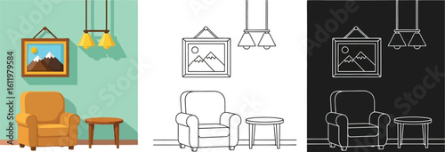 Living room interior design with armchair table lamp and picture frame illustration