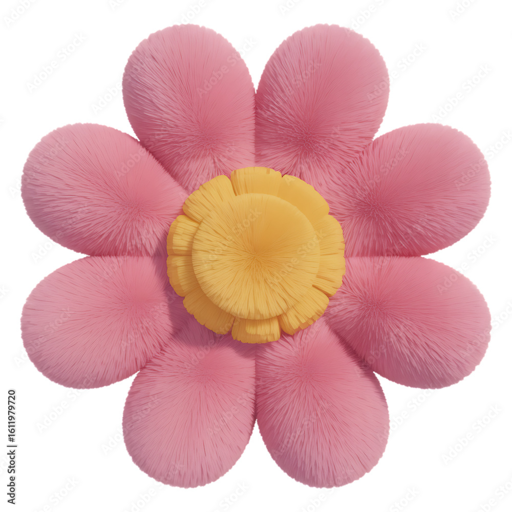 Fototapeta premium Soft pink plush flower pillow with yellow center on white background,Cute plush pink flower with yellow center on transparent background,Pink fluffy flower on transparent background,Fluffy pink flower