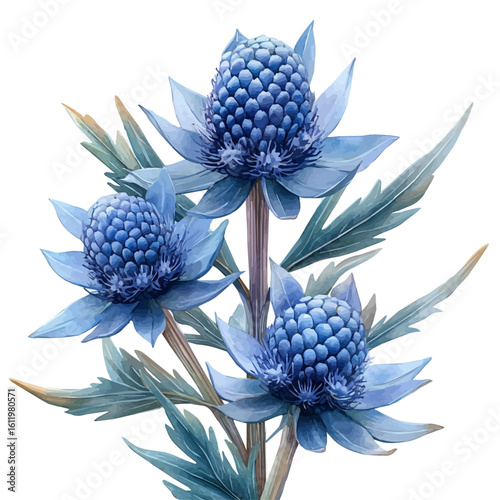 Eryngium Flower, watercolor vector, isolated on a white background.