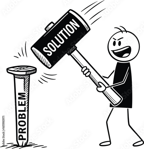Problem solving concept using solution hammer hitting nail business strategy metaphor