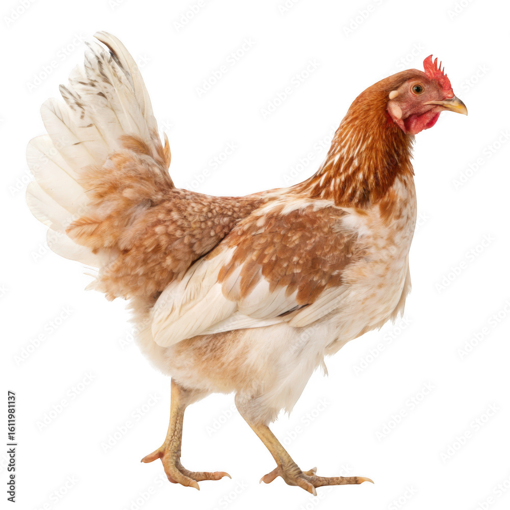 Fototapeta premium A light brown hen stands on a transparent background