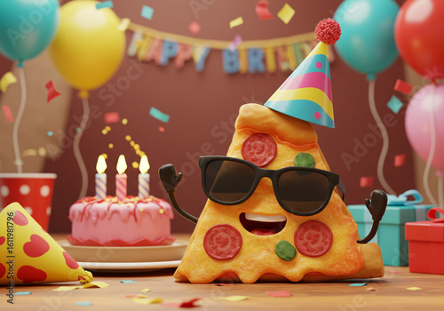 Pizza slice in sunglasses celebrating birthday