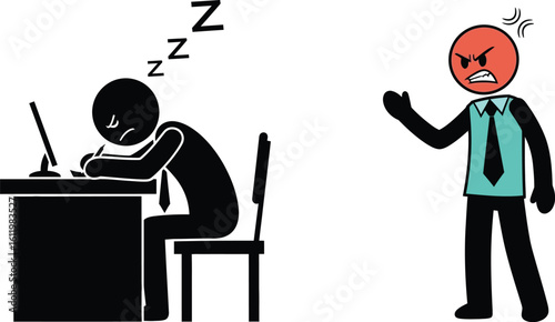 Employee sleeping at desk while angry boss yells business management illustration