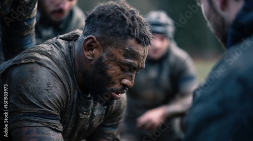 Player receives support from teammates after a tough tackle in a spirited match at sunset on the muddy field