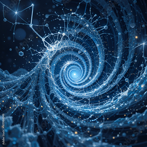 Quantum wave collapse into ordered particle spirals conceptual visualization of quantum computing. Logical Collapse. Illustration