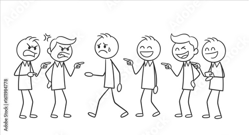 Bullying stick figures vector illustration showing social exclusion and harassment scene