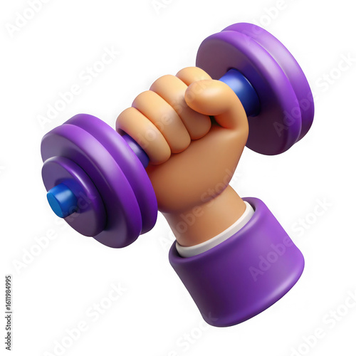 3d hand holding purple dumbbell isolated on transparent background