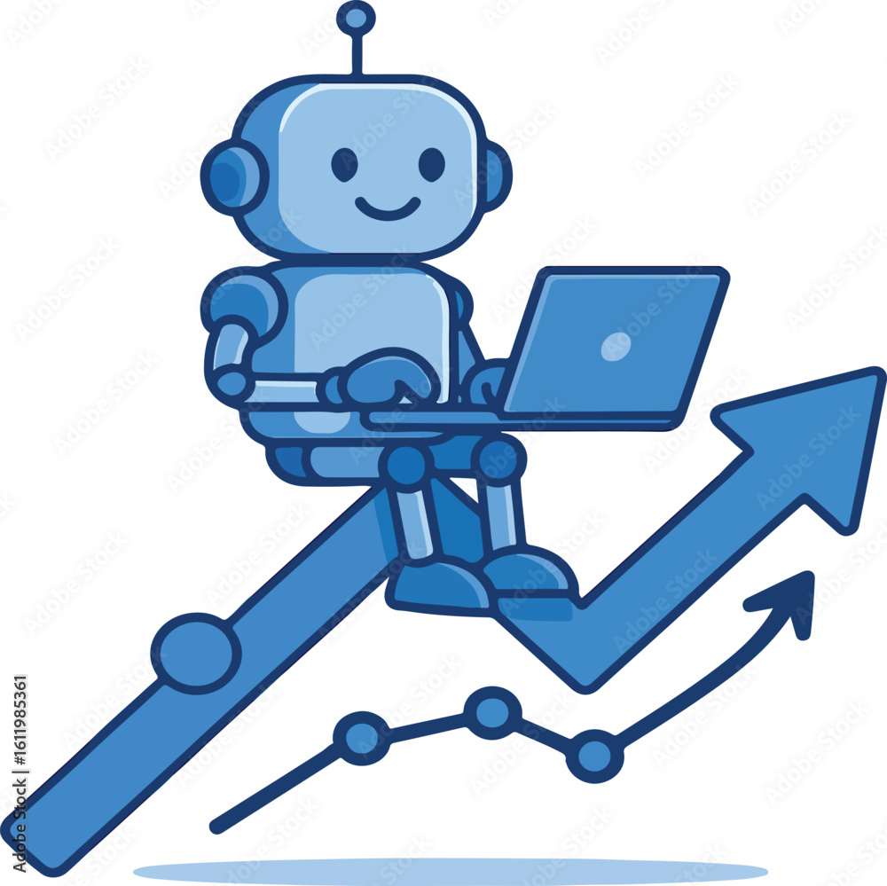 Fototapeta premium AI Robot on Upward Trend Arrow – Growth & Productivity Vector Icon for Tech, Automation, and Analytics