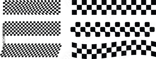 Racing Stripes and Checkered Flag Vector Set. Racing Banner chequered, checker, stripes, pattern, line, race track Icons. Race Track & Flag Vector Set