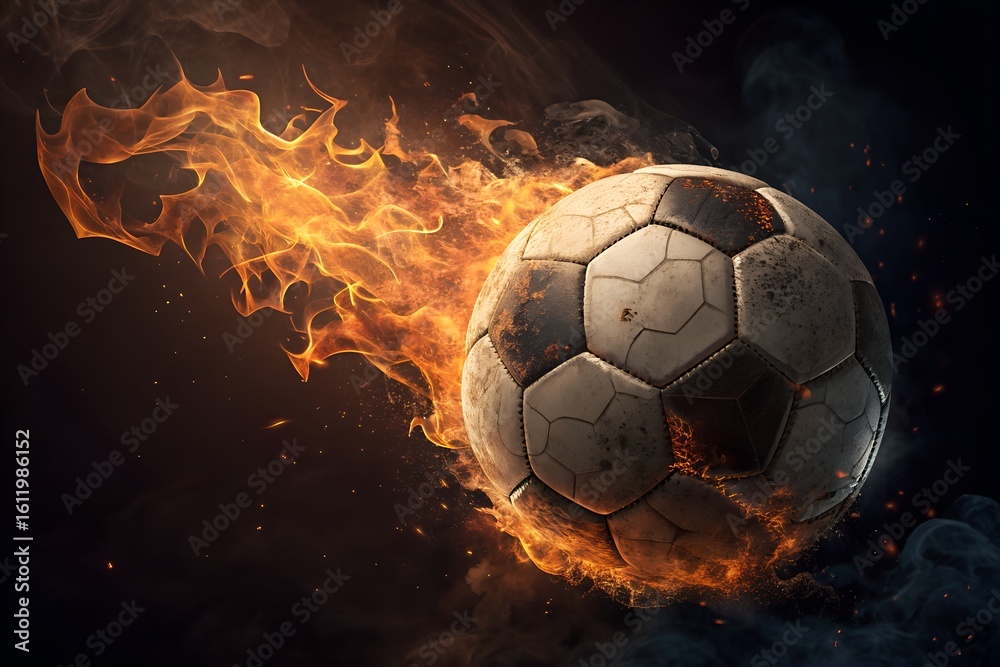 Naklejka premium Soccer ball engulfed in dramatic orange flames and smoke