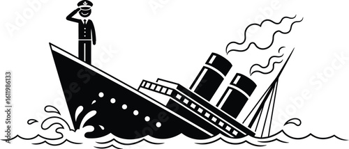 Sinking ship icon vector illustration of titanic disaster with captain on deck waving