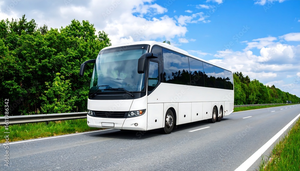 Fototapeta premium White bus on highway, sunny day (1)