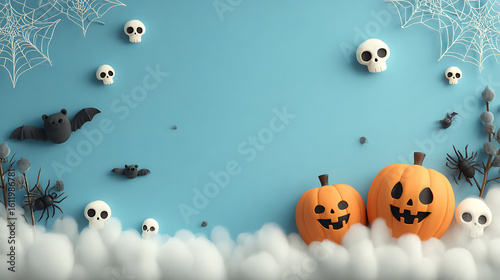 Halloween background cute halloween scene with pumpkins, bats, skulls, and spider webs on blue