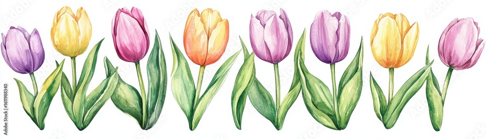Obraz premium Colorful Tulips in a Row with Green Leaves and Buds