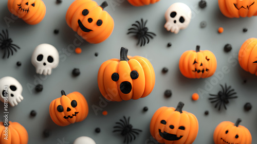 Halloween background halloween pumpkins, skulls, and spiders scattered on a grey background
