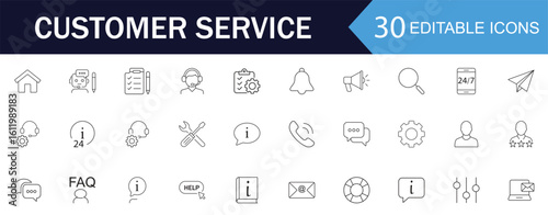 Customer service line icon set. Help and support. Includes help desk, 24hr service, assistance,  customer, and communication tools. Perfect for web, app, and user support visuals. Vector illustration.