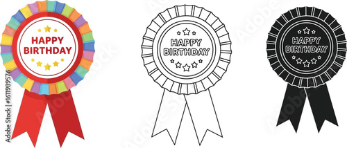 Happy birthday badge vector illustration set colorful outline and silhouette style