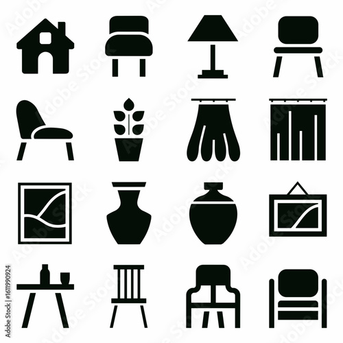 Grid of black and white home decor icon illustrations – Great for home furnishing presentations, architecture tools, or decor themes