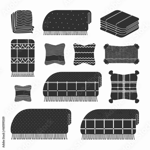 Black and white vector icons of various blankets and pillows – Great for textile product design, cozy living visuals, or homeware apps