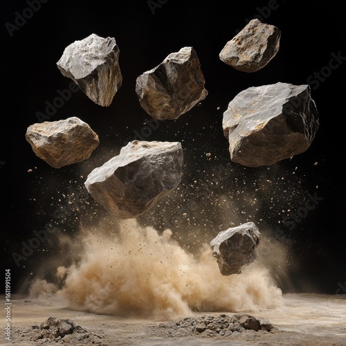 Dramatic Grey Rocks Falling, Dust Cloud Explosion, Dark Background, Industrial, Construction, Demolition