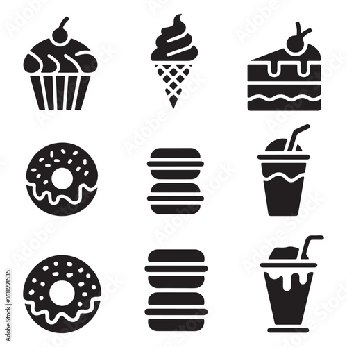 Caffe and Bakery Icon Set – Clean Black Dessert Icons for Menu and Branding, Art & Illustration.