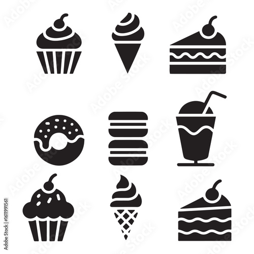 Caffe and Bakery Icon Set – Clean Black Dessert Icons for Menu and Branding, Art & Illustration.