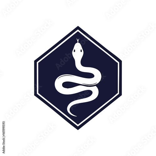 White Snake Hexagon Symbol. Elegant coiled reptile within a dark indigo geometric frame, embodying wisdom, mystery, and ancient power on a stark backdrop.