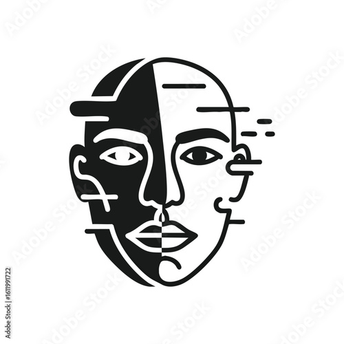 Abstract Duality Face Illustration. Captivating monochrome artwork portraying a divided human visage. This piece symbolizes the complexities of identity, inner conflict, or diverse perspectives.