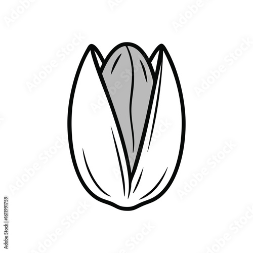Pistachio Nut Minimalist Design. A simple, clean graphic of a single unshelled pistachio, artfully cracked open. Represents healthy eating, natural snacks, and delicious treats.