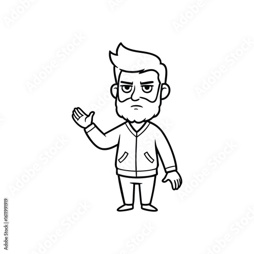 Grumpy Bearded Man Gesturing. A stern cartoon man with a beard and modern haircut raises his hand, conveying disapproval or a firm explanation.