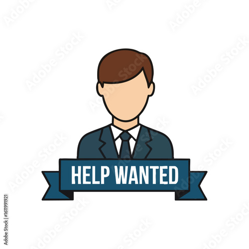 Help Wanted Job Recruitment Icon. This flat illustration depicts a male worker with a banner indicating an urgent need for personnel, symbolizing employment opportunities and hiring.